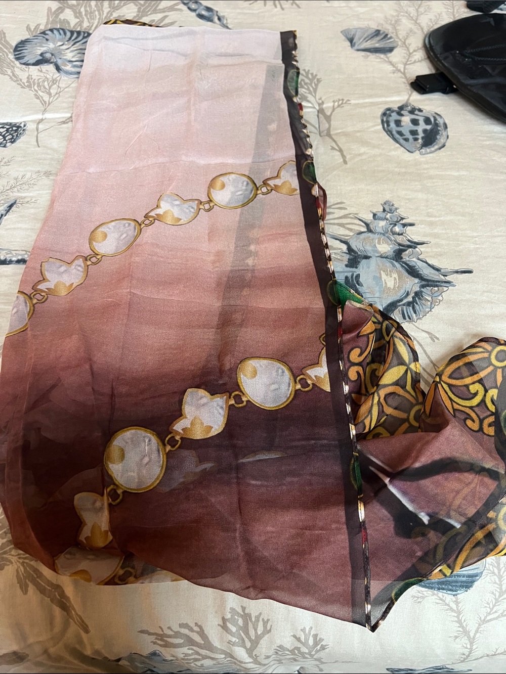Sheer Gradient Chain-Print Scarf in Pink and Brown